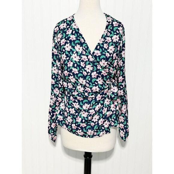 Betabrand Women's Floral Wrap Side Tie Bell‎ Sleeve Blouse Navy Pink Size Large - Picture 1 of 11
